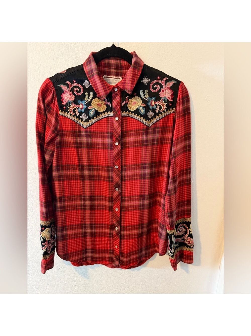 Johnny Was Esme Embroidered Western Pearlsnap Shirt Red Plaid Rodeo Women's XXS - Picture 3 of 14